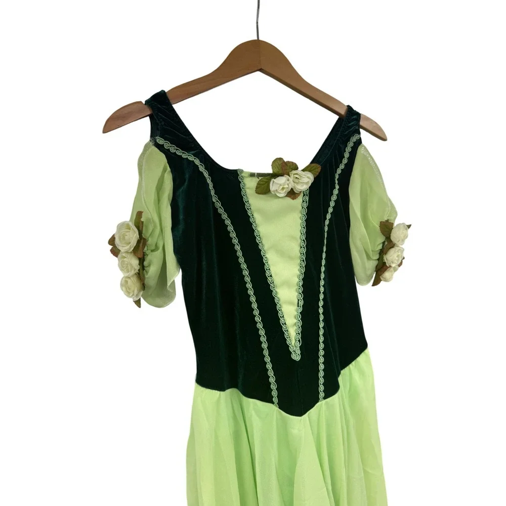 ArtStone Green Velvet Chiffon Dance Costume Floral Leotard Dress Adult Medium